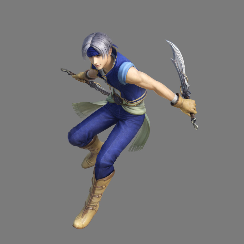 1boy 3d absurdres alternate_costume blue_pants blue_vest boots brown_footwear brown_gloves dagger dissidia_final_fantasy dissidia_final_fantasy_nt dual_wielding earrings final_fantasy final_fantasy_vi gloves grey_background headband highres jewelry lock_cole looking_at_viewer necklace official_art pants sash short_hair silver_hair sleeveless smile solo square_enix stud_earrings vest weapon wrist_wraps