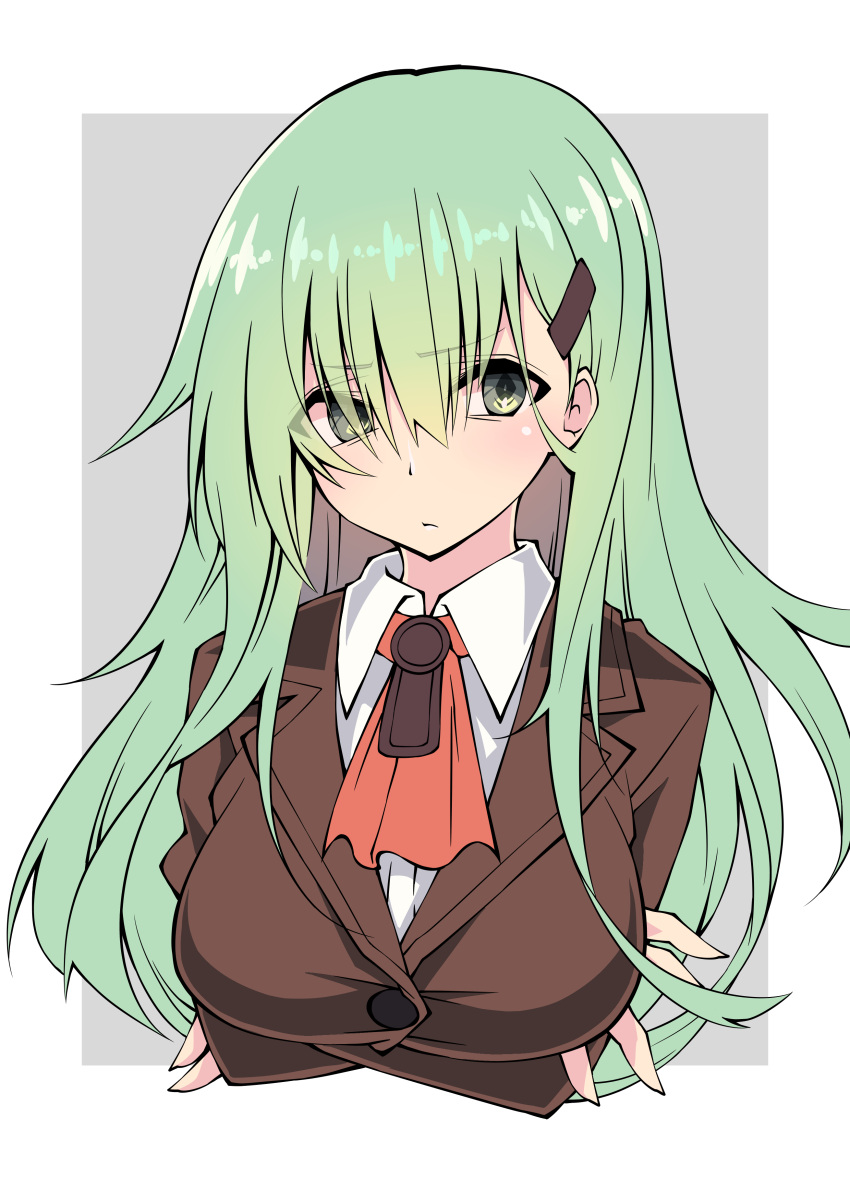 1girl absurdres blouse breast_hold breasts brown_jacket buttons cardigan crossed_arms eyebrows_visible_through_hair frown green_eyes green_hair hair_ornament hairclip highres jacket kantai_collection large_breasts long_hair long_sleeves sakakiba_misogi school_uniform solo suzuya_(kantai_collection) upper_body white_blouse wing_collar