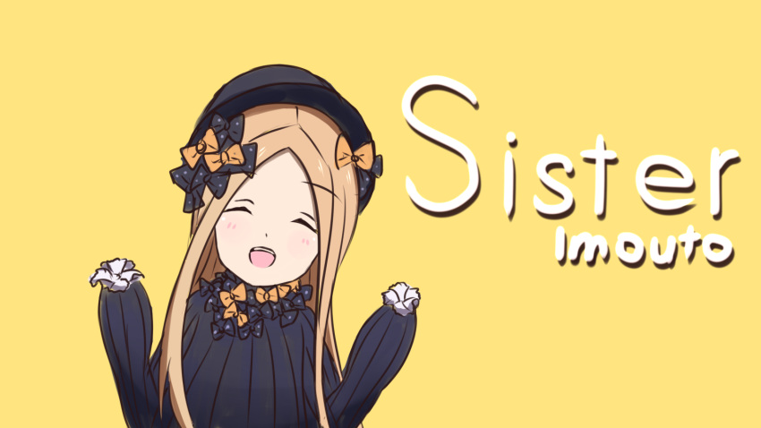 1girl :d ^_^ abigail_williams_(fate/grand_order) bangs black_bow black_dress black_hat blend_s blonde_hair blush bow closed_eyes commentary_request dress english facing_viewer fate/grand_order fate_(series) hair_bow hands_up hat head_tilt highres long_hair long_sleeves mitchi open_mouth orange_bow parody parted_bangs polka_dot polka_dot_bow romaji simple_background sleeves_past_fingers sleeves_past_wrists smile solo upper_body upper_teeth very_long_hair yellow_background
