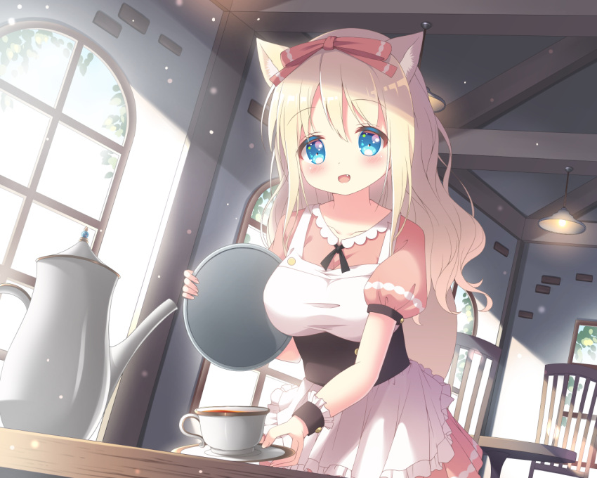 1girl :d animal_ears apron bangs blonde_hair blue_eyes blue_sky blush bow breasts ceiling_light chair collarbone commentary_request cup day dress eyebrows_visible_through_hair fang fox_ears frilled_apron frills hair_between_eyes hair_bow holding_saucer holding_tail indoors leaning_forward long_hair looking_at_viewer medium_breasts open_mouth original pink_dress pleated_dress puffy_short_sleeves puffy_sleeves red_bow satsuki_yukimi saucer short_sleeves sky smile solo sunlight table tail tea teacup teapot waitress white_apron window