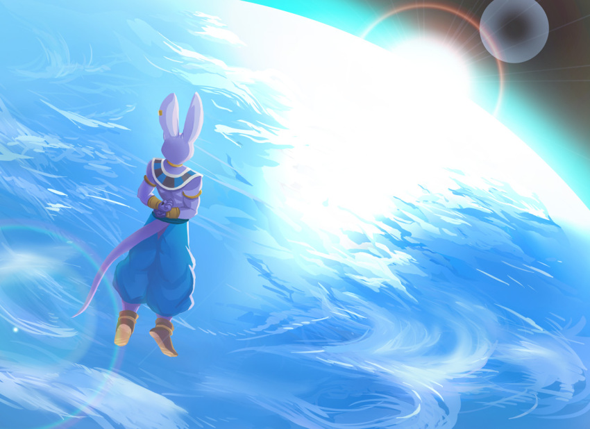 1boy animal arms_behind_back back_turned beerus blue_pants bracelet dragon_ball dragon_ball_super earth flying jewelry looking_away male_focus no_humans pants planet tail