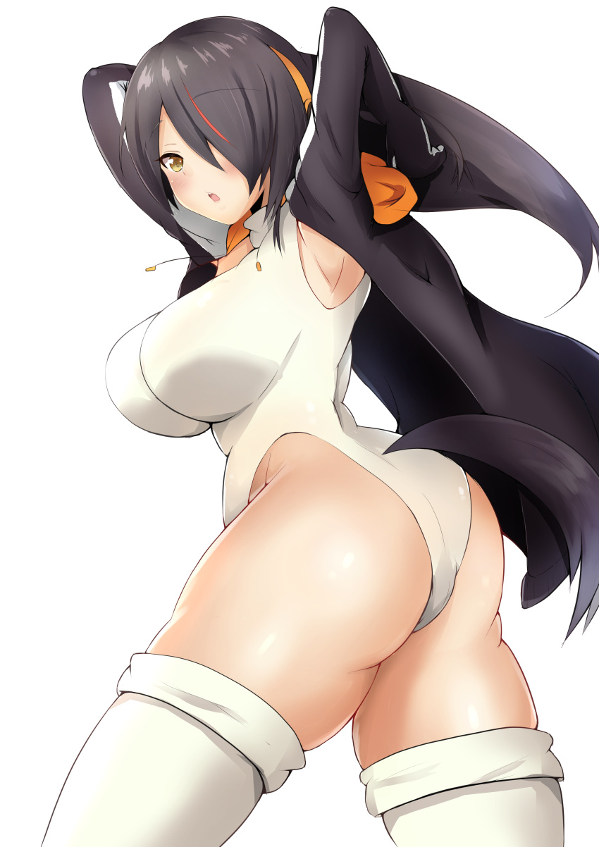 1girl absurdres armpits arms_behind_head ass bangs black_hair black_jacket blush breasts brown_eyes commentary cowboy_shot curvy emperor_penguin_(kemono_friends) eyebrows_visible_through_hair from_side hair_over_one_eye headphones highleg highleg_leotard highres hood hoodie jacket kemono_friends kirikan large_breasts leotard long_hair looking_at_viewer looking_back multicolored_hair open_mouth short_hair simple_background solo standing tail thighs white_background white_legwear white_leotard