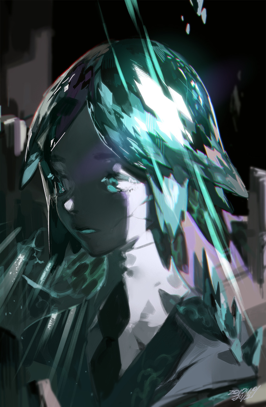 1other 2017 black_neckwear blue_eyes blue_hair blue_tongue crack cracked_skin dated gem_uniform_(houseki_no_kuni) highres houseki_no_kuni necktie open_mouth phosphophyllite short_hair signature solo upper_body white_skin yotsuyu