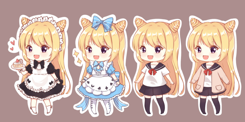 1girl :d apron black_dress black_legwear black_sailor_collar black_skirt blonde_hair blue_bow blue_dress blush bow breasts brown_background cake chibi commentary_request double_bun dress fang food hair_bow highres holding holding_plate jacket light_(luxiao_deng) long_hair long_sleeves looking_at_viewer maid maid_headdress multiple_views open_clothes open_jacket open_mouth original outline pantyhose plate pleated_skirt puffy_short_sleeves puffy_sleeves red_bow sailor_collar school_uniform serafuku shirt short_sleeves skirt sleeves_past_wrists slice_of_cake smile socks sparkle striped striped_bow thigh-highs variations very_long_hair violet_eyes white_apron white_legwear white_outline white_shirt wrist_cuffs