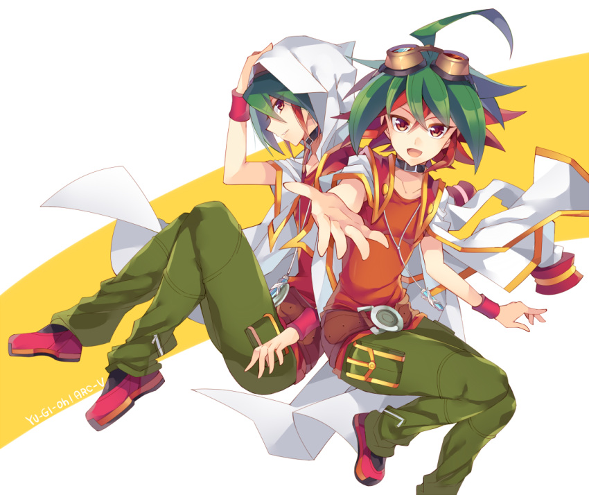 ahoge choker dual_persona goggles goggles_on_head green_hair green_pants looking_at_viewer multicolored_hair open_mouth outstretched_arm outstretched_hand pants red_eyes red_footwear redhead rento_(rukeai) sakaki_yuuya shoes short_sleeves smile spiky_hair star title yu-gi-oh! yuu-gi-ou_arc-v