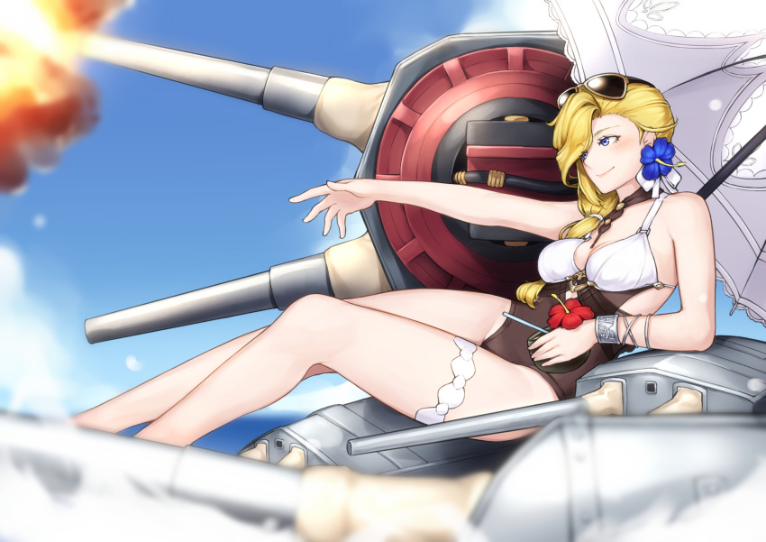 1girl azur_lane blonde_hair blue_eyes bracelet breasts cannon cleavage commentary_request cup dabuki drinking_straw eyewear_on_head firing flower hair_flower hair_ornament hair_over_shoulder highres hood_(azur_lane) jewelry long_hair machinery muzzle_flash one-piece_swimsuit outstretched_arm sitting solo sunglasses swimsuit thigh_strap turret umbrella