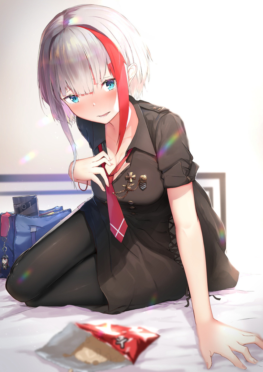1girl absurdres admiral_graf_spee_(azur_lane) alternate_costume arm_support azur_lane bag bangs bed bed_sheet black_dress black_legwear blue_eyes blunt_bangs blush bracelet breasts casual dress eyebrows_visible_through_hair hand_on_own_chest highres isaka_wasabi jewelry looking_at_viewer medal multicolored_hair necktie open_mouth pantyhose red_neckwear redhead short_hair short_sleeves sidelocks silver_hair sitting skindentation small_breasts smile solo streaked_hair tearing_up