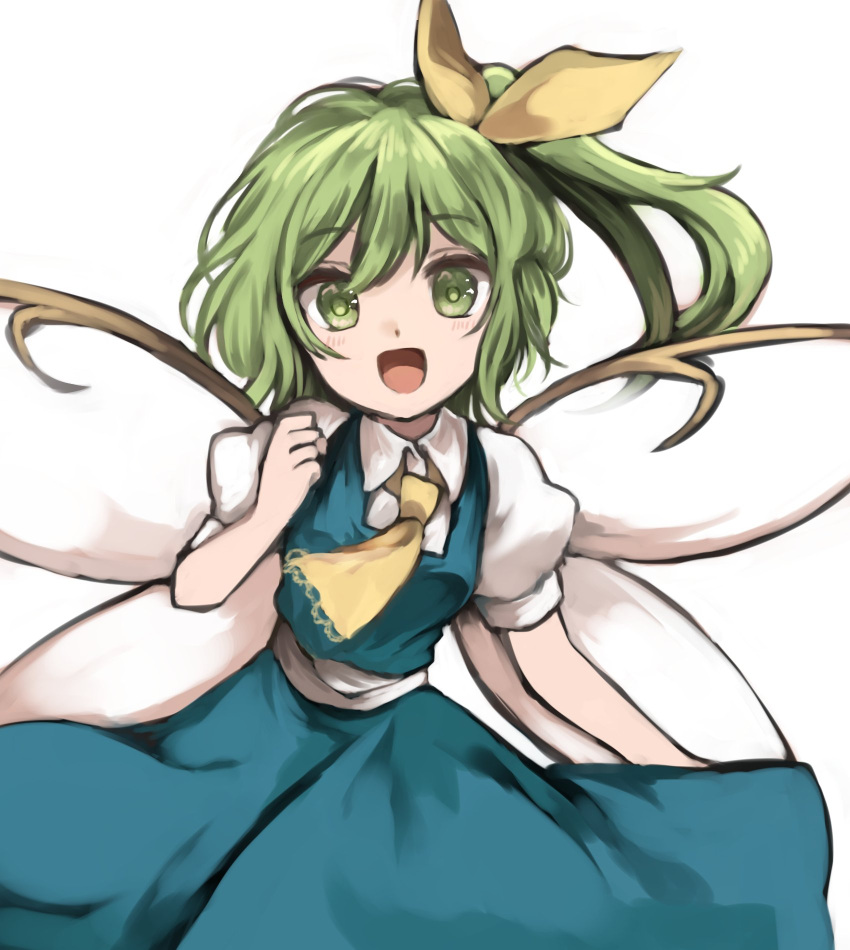 1girl :d ascot blush clenched_hand collared_shirt daiyousei dress fairy_wings green_eyes green_hair hair_ribbon highres looking_at_viewer open_mouth puffy_short_sleeves puffy_sleeves ribbon sash shirt short_sleeves side_ponytail smile solo touhou wings yururi_nano