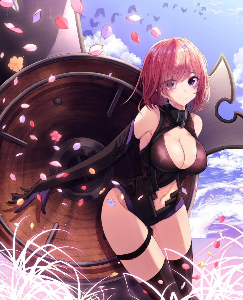 1girl absurdres bird breasts cleavage clouds commentary_request elbow_gloves eyebrows_visible_through_hair eyes_visible_through_hair falling_petals fate/grand_order fate_(series) gloves hair_over_one_eye highres legs mash_kyrielight outdoors petals pink_hair purple_gloves shield short_hair sky smile thigh-highs thigh_strap thighs violet_eyes xingjinmeijian