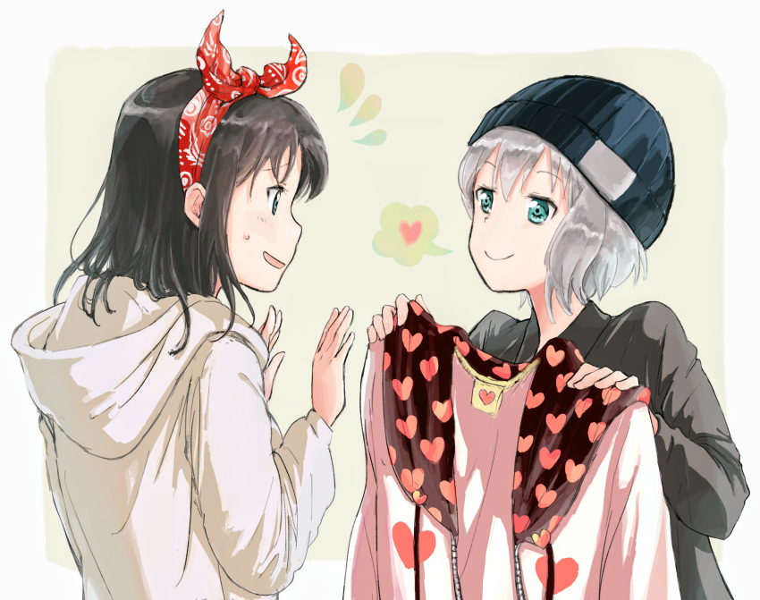 2girls absurdres aoba_moka aqua_eyes bandanna bang_dream! bangs beanie black_hair black_hat black_jacket commentary_request drawstring flying_sweatdrops grey_hair grey_hoodie hair_ribbon hairband hands_up hat heart heart_print highres holding holding_jacket hood hood_down hoodie jacket jacket_removed long_sleeves looking_at_another medium_hair multiple_girls okusawa_misaki pink_jacket print_jacket ribbon rii_(hakumaiiiiii) short_hair smile spoken_heart sweatdrop upper_body