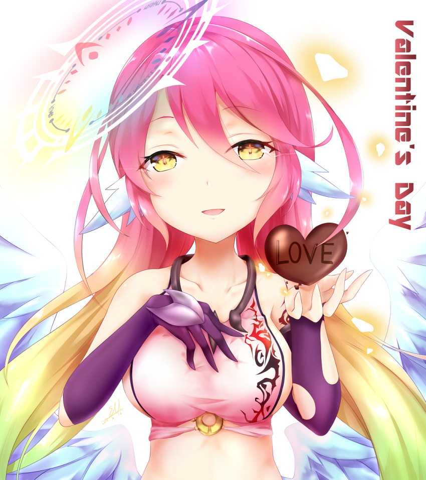 1girl angel_wings blush breasts chocolate chocolate_heart crop_top cross elbow_gloves feathered_wings gloves gradient_hair halo hand_on_own_chest heart highres ikasoke_(likerm6au) jibril_(no_game_no_life) large_breasts long_hair low_wings magic_circle midriff multicolored_hair no_game_no_life open_mouth pink_hair sideboob smile solo source_request symbol-shaped_pupils tattoo valentine very_long_hair white_wings wing_ears wings yellow_eyes