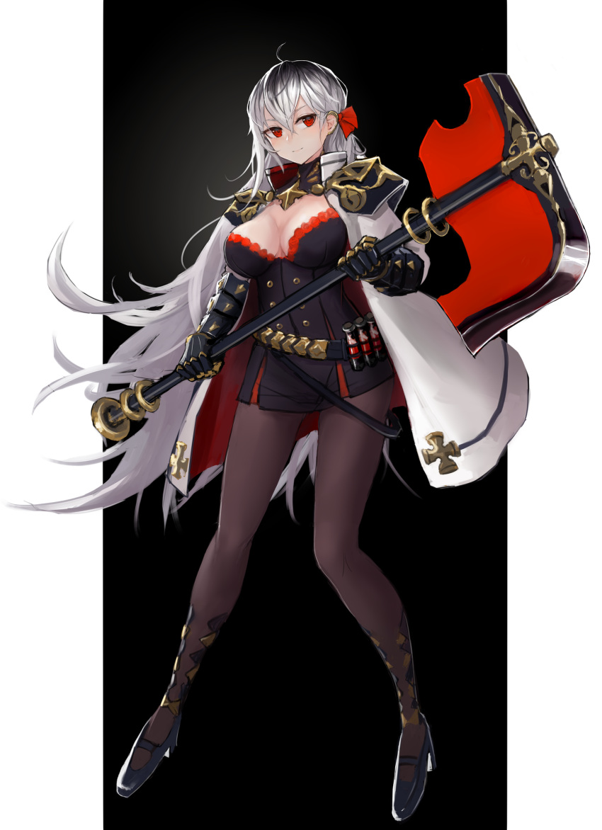 1girl axe black_legwear breasts cleavage cloak dress full_body gauntlets hair_ornament highres holding holding_weapon kasagarasu large_breasts legs_apart long_hair looking_at_viewer original pantyhose red_eyes silver_hair smile solo standing weapon