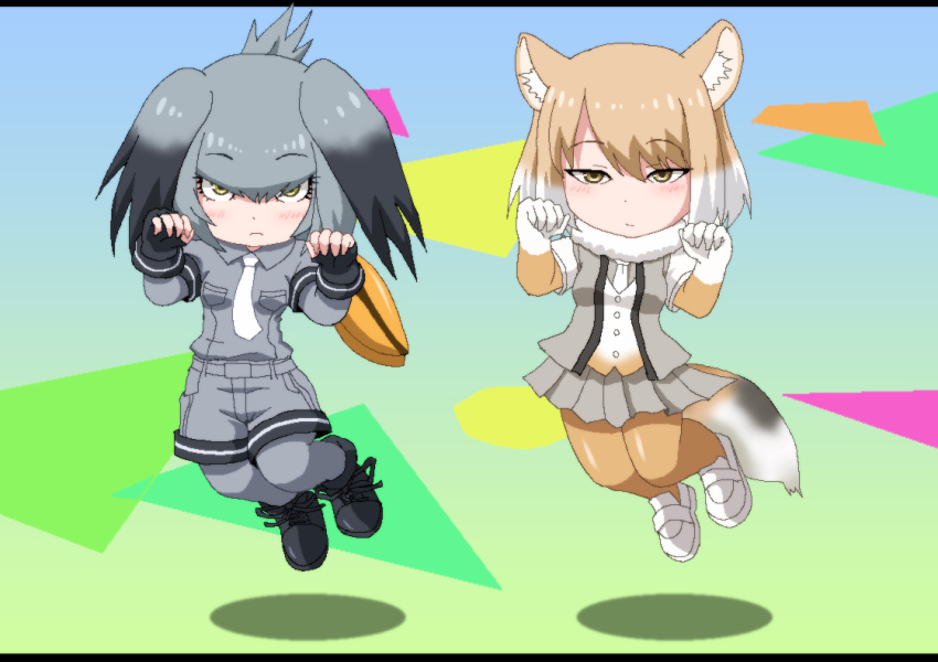 2girls animal_ears bangs belt black_footwear black_gloves black_hair blush bodystocking breast_pocket buttons chibi closed_mouth collared_shirt commentary_request eyebrows_visible_through_hair feet_up fingerless_gloves fox_ears fox_tail fur_collar gloves grey_hair grey_legwear grey_shirt grey_shorts hair_between_eyes hands_up hayashiya_zankurou jumping kemono_friends letterboxed light_brown_hair long_hair looking_at_viewer low_ponytail multicolored_hair multiple_girls necktie no_tail open_clothes open_vest orange_hair paw_pose pocket shirt shoebill_(kemono_friends) short_hair shorts side_ponytail sidelocks skirt tail tibetan_sand_fox_(kemono_friends) tsurime two-tone_hair vest white_footwear white_hair white_neckwear yellow_eyes