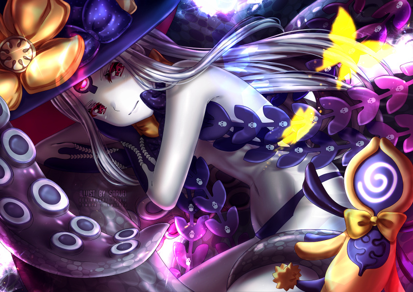 1girl abigail_williams_(fate/grand_order) animal artist_name bangs black_bow black_gloves black_hat black_panties blush bow breasts bug butterfly closed_mouth commentary_request elbow_gloves fate/grand_order fate_(series) gloves glowing hat hat_bow insect long_hair looking_at_viewer lying navel on_side orange_bow pale_skin panties parted_bangs polka_dot polka_dot_bow red_eyes revealing_clothes saruei silver_hair skull_print small_breasts solo suction_cups tentacle topless underwear very_long_hair witch_hat