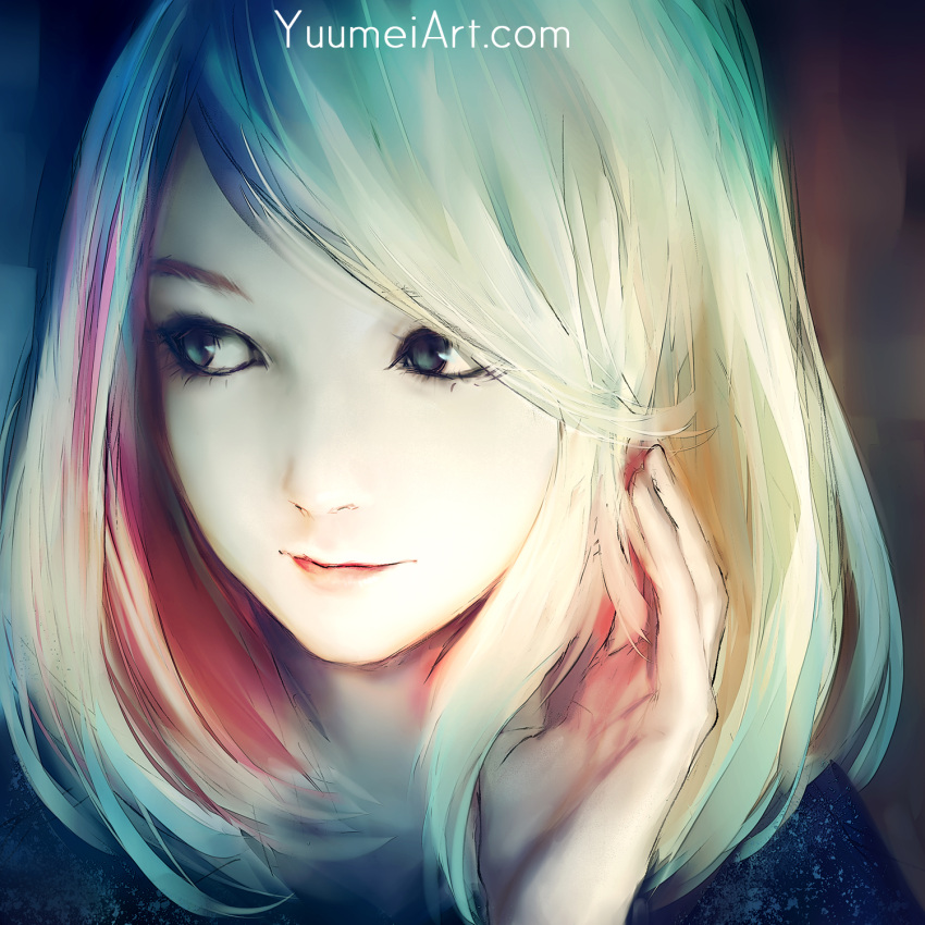 1girl blue_eyes close-up closed_mouth face highres lips looking_to_the_side multicolored_hair original rainbow_hair short_hair solo watermark web_address wenqing_yan