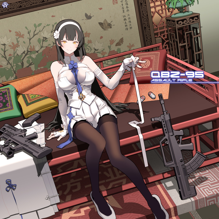 1girl arm_support assault_rifle bangs between_breasts black_hair black_legwear blue_neckwear blush breasts bullpup cape cape_removed character_name circle_a cleavage closed_mouth explosive eyebrows_visible_through_hair fingerless_gloves flower girls_frontline gloves grenade grenade_launcher gun hair_flower hair_ornament hairband head_tilt holding holding_ribbon indoors large_breasts long_hair looking_at_viewer necktie necktie_between_breasts pantyhose pumps qbz-95 qbz-95_(girls_frontline) ribbon rifle shirt sitting skirt smile solo thigh-highs very_long_hair weapon white_footwear white_gloves white_hairband white_ribbon white_shirt white_skirt wrist_straps yellow_eyes