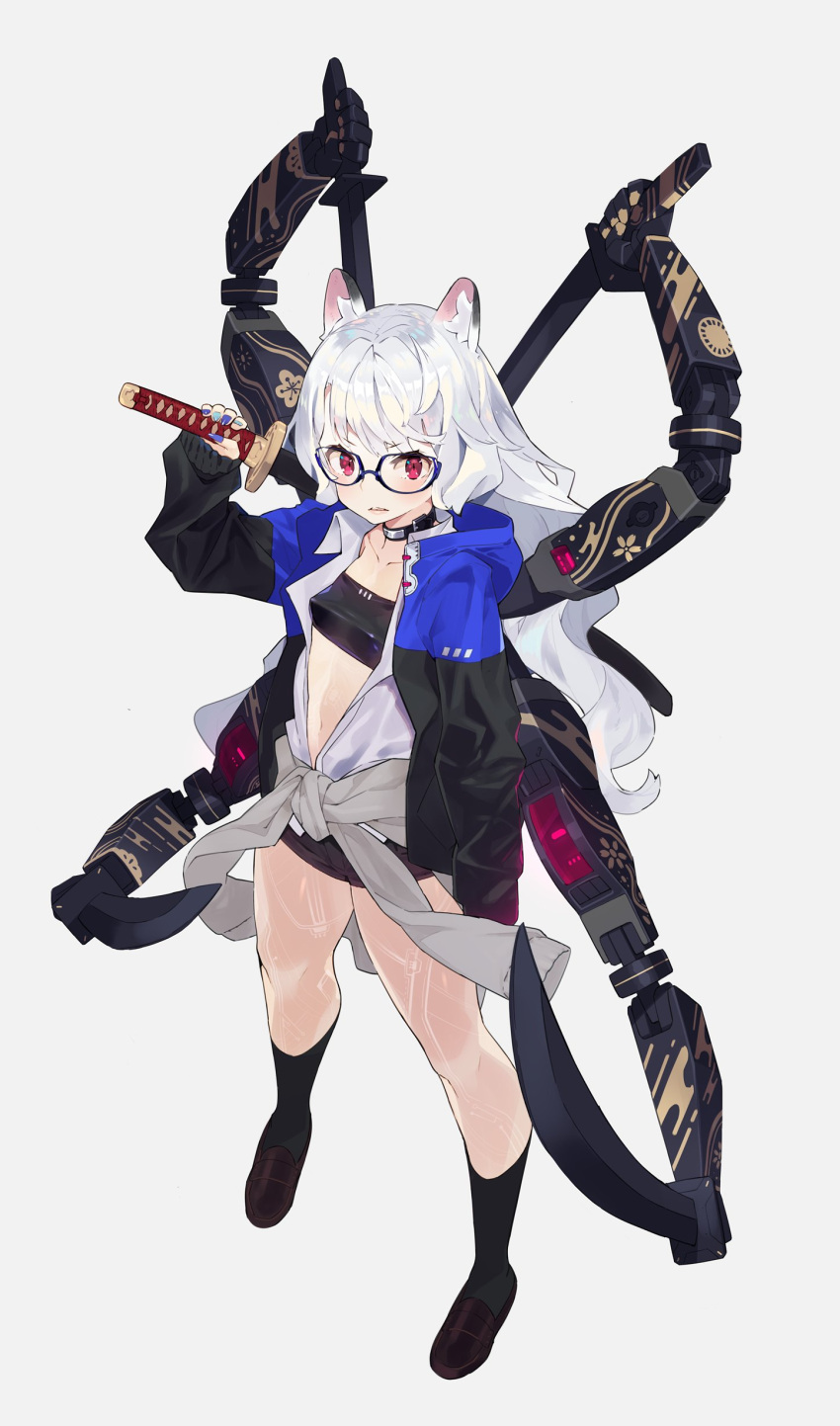 1girl absurdres animal_ears black-framed_eyewear black_footwear black_legwear black_shorts black_tubetop breasts clothes_around_waist collar collarbone collared_shirt fingernails full_body glasses grey_sweater hajime_(hajime-ill-1st) highres holding holding_weapon hood hooded_jacket jacket katana lips long_hair long_sleeves looking_at_viewer mechanical_arm midriff nail_polish navel open_clothes open_jacket open_shirt original parted_lips red_eyes shirt short_shorts shorts simple_background small_breasts socks solo sweater sweater_around_waist sword tattoo two-tone_jacket very_long_hair wavy_hair weapon white_background white_hair white_shirt