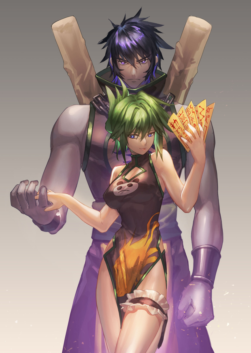 1boy 1girl absurdres bare_shoulders blue_eyes blue_hair breasts buta_(kuroyukisama) china_dress chinese_clothes cleavage cleavage_cutout dress green_hair highres large_breasts lee_bailong long_hair looking_at_viewer ofuda shaman_king short_hair smile tao_jun violet_eyes zombie