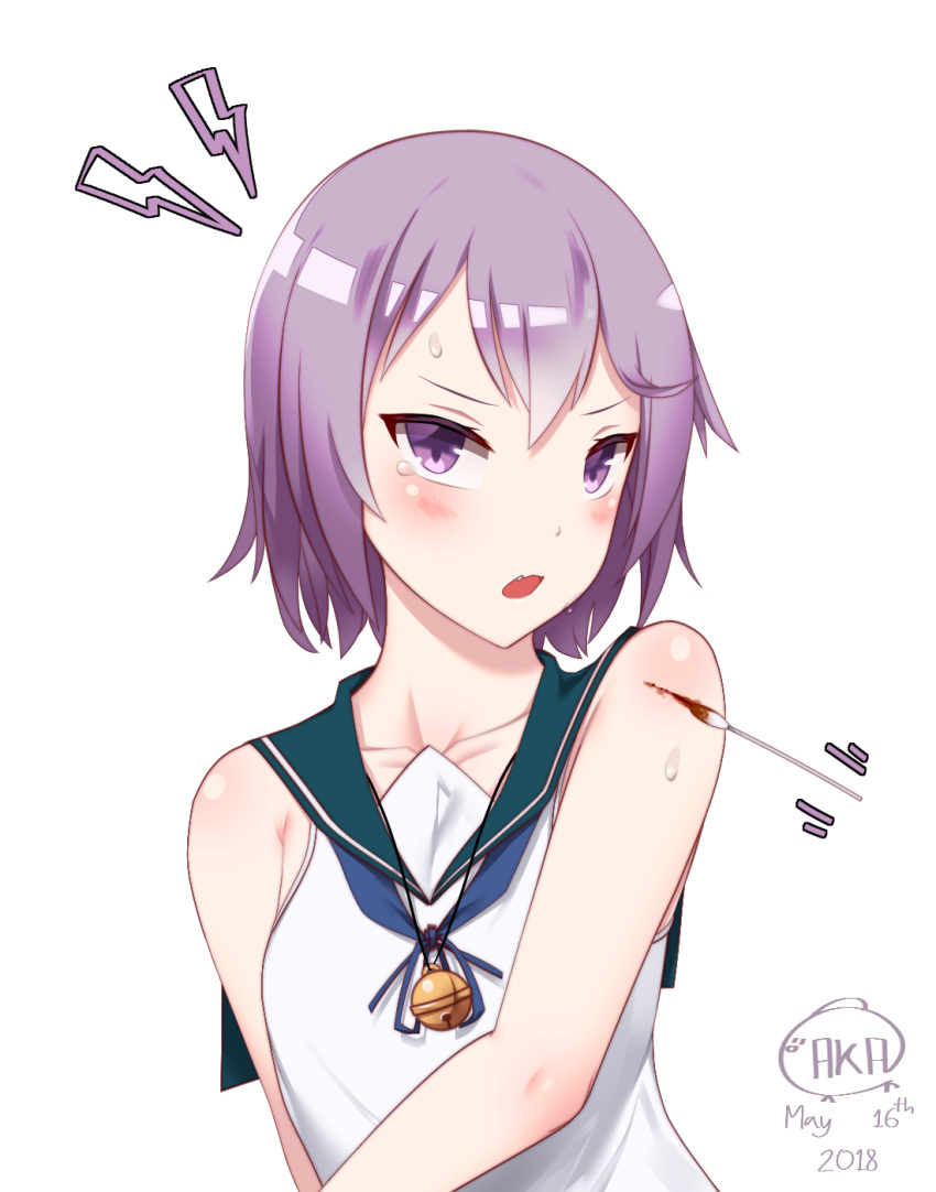 1girl absurdres akatori_(redbird) akebono_(kantai_collection) alternate_hair_length alternate_hairstyle bell blood collarbone cotton_swab dated highres injury kantai_collection purple_hair short_hair signature sleeveless sweat uniform violet_eyes