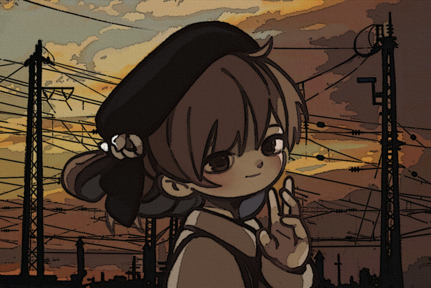 1girl bangs black_hat blue_sky brown_eyes brown_hair closed_mouth clouds collared_shirt flower from_side hair_between_eyes hair_rings hand_up hat hat_flower hatoba_tsugu hatoba_tsugu_(character) long_sleeves outdoors power_lines shirt short_hair sky smile solo twilight upper_body virtual_youtuber white_flower white_shirt yukino_super