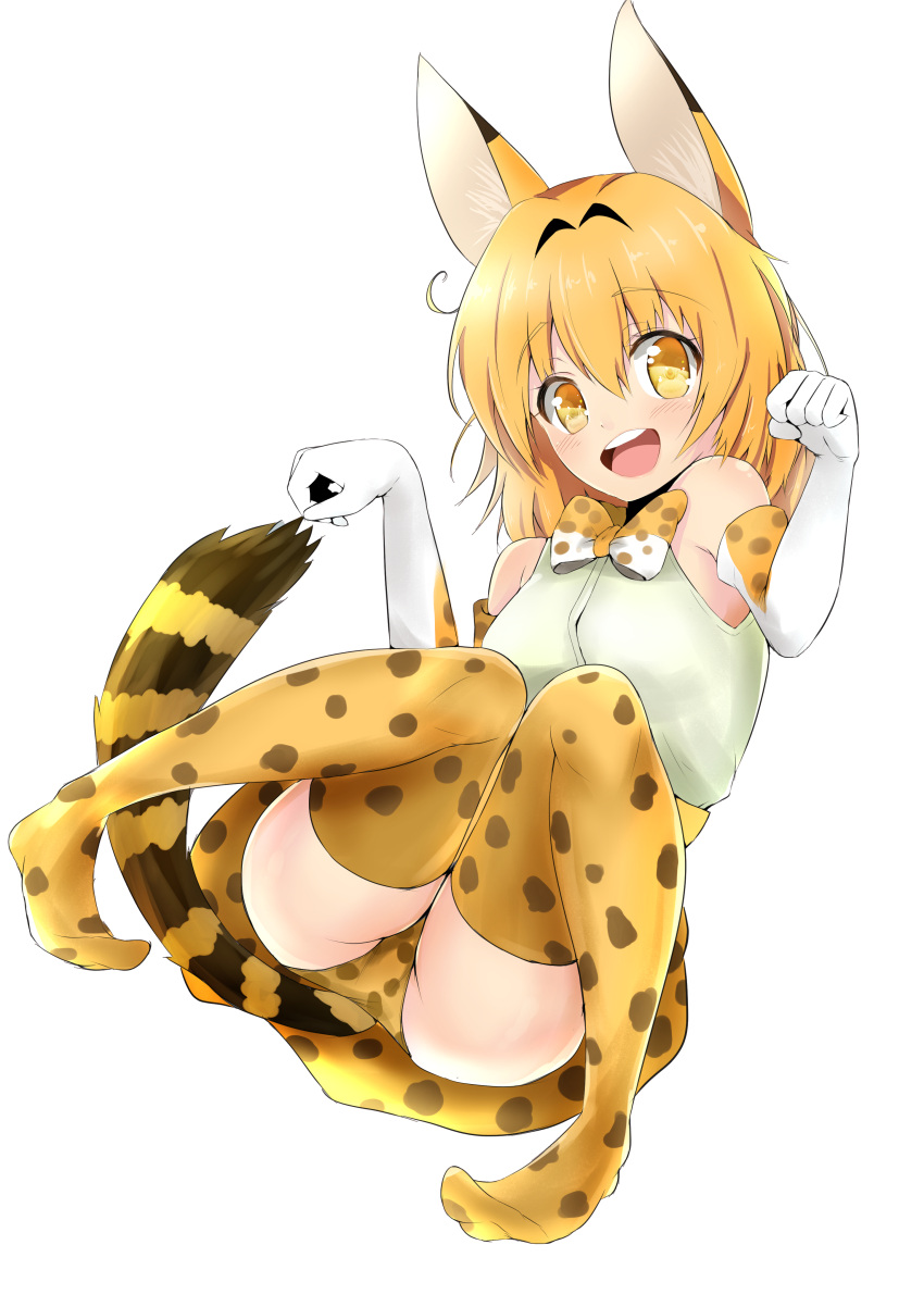 1girl :d absurdres animal_ears bangs bow bowtie commentary_request elbow_gloves eyebrows_visible_through_hair full_body gloves high-waist_skirt highres kemono_friends kirikan looking_at_viewer open_mouth panties pantyshot pantyshot_(sitting) paw_pose print_gloves print_legwear print_neckwear print_panties print_skirt serval_(kemono_friends) serval_ears serval_print serval_tail shirt short_hair simple_background sitting skirt sleeveless sleeveless_shirt smile solo striped_tail tail thigh-highs underwear white_background yellow_legwear yellow_neckwear yellow_panties