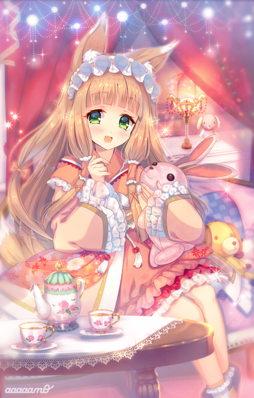 1girl :d amo animal_ears artist_name bangs blush bobby_socks brown_dress character_request checkered checkered_pillow commentary_request cup dress eyebrows_visible_through_hair fang fingernails fox_ears fox_tail green_eyes hand_up highres light_brown_hair long_hair long_sleeves object_hug open_mouth pillow princess_connect! princess_connect!_re:dive saucer sleeves_past_wrists smile socks solo stuffed_animal stuffed_bunny stuffed_dog stuffed_toy table tail tea teacup teapot very_long_hair white_legwear wide_sleeves