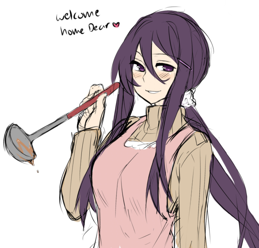 1girl apron blush brown_sweater doki_doki_literature_club english hair_between_eyes hair_ornament hairclip hand_up highres holding ladle long_hair long_sleeves looking_at_viewer otxoa60 pink_apron purple_hair sketch smile solo sweater upper_body very_long_hair violet_eyes yuri_(doki_doki_literature_club)