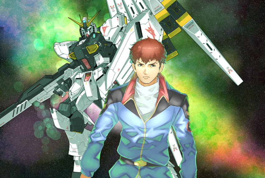 1boy amuro_ray anaheim_electronics aqua_eyes beam_rifle belt brown_eyes brown_hair char's_counterattack check_commentary commentary_request emblem energy_gun fin_funnels funnels gundam insignia jacket light_particles logo long_sleeves looking_at_viewer mecha nu_gundam puu_maru serious shield short_hair solo standing uniform weapon
