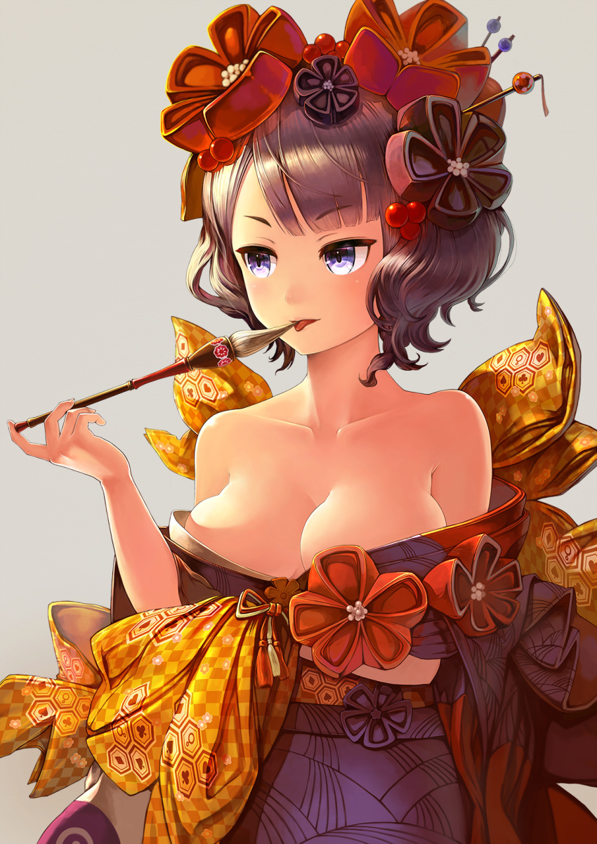 1girl bangs bare_shoulders blush bow breasts calligraphy_brush checkered checkered_bow cleavage collarbone commentary_request eyebrows_visible_through_hair fate/grand_order fate_(series) female fingernails grey_background hair_ornament hand_up highres holding holding_paintbrush japanese_clothes katsushika_hokusai_(fate/grand_order) kimono large_breasts looking_away looking_to_the_side obi off_shoulder paintbrush purple_hair purple_kimono revision sash short_hair simple_background solo tongue tongue_out v-shaped_eyebrows violet_eyes yellow_bow yoka1chi