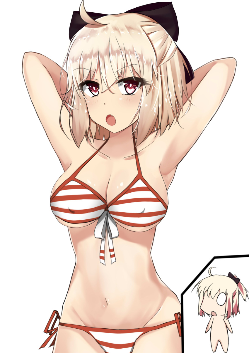 1girl absurdres ahoge armpits arms_behind_head bangs bikini black_bow blonde_hair bow breasts chibi covered_nipples eyebrows_visible_through_hair fate_(series) fengyue_jiang front-tie_bikini front-tie_top hair_between_eyes hair_bow highres horizontal_stripes large_breasts looking_at_viewer navel okita_souji_(fate) open_mouth red_eyes short_hair side-tie_bikini simple_background striped striped_bikini swimsuit white_background