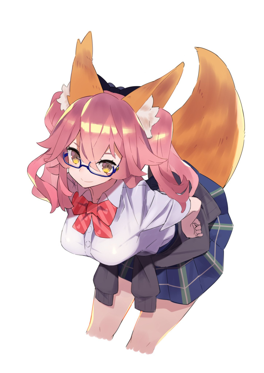 1girl animal_ears bangs black_bow black_sweater blue-framed_eyewear blue_skirt blush bow bowtie breasts buttons closed_mouth clothes_around_waist collared_shirt cropped_legs fate/grand_order fate_(series) fox_ears fox_tail glasses hair_bow hajime_(hajime-ill-1st) hands_on_hips highres large_breasts leaning_forward pink_hair plaid plaid_skirt red_neckwear school_uniform semi-rimless_eyewear shirt simple_background skirt sleeves_rolled_up smile solo sweater sweater_around_waist tail tamamo_(fate)_(all) tamamo_jk_(fate) two_side_up under-rim_eyewear wavy_hair white_background white_shirt yellow_eyes
