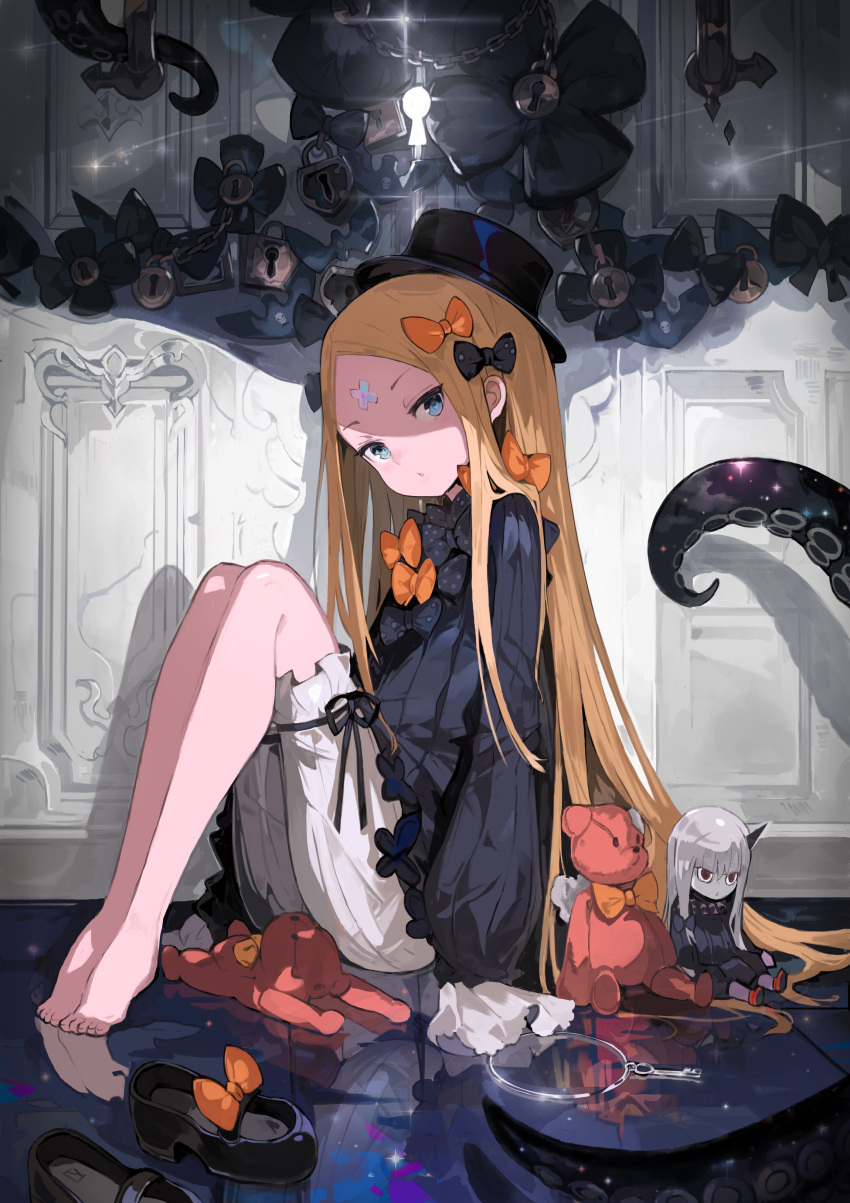 1girl abigail_williams_(fate/grand_order) absurdres andrian_gilang bangs barefoot black_bow black_dress black_footwear black_hat blonde_hair bloomers blue_eyes bow bug butterfly character_doll commentary_request crossed_bandaids dress fate/grand_order fate_(series) glowing hair_bow hat head_tilt highres insect key keyhole keyring lavinia_whateley_(fate/grand_order) lock long_hair long_sleeves looking_at_viewer mary_janes orange_bow padlock parted_bangs parted_lips polka_dot polka_dot_bow reflection shoes shoes_removed sitting sleeves_past_fingers sleeves_past_wrists solo stuffed_animal stuffed_toy suction_cups teddy_bear tentacle toenails underwear very_long_hair white_bloomers