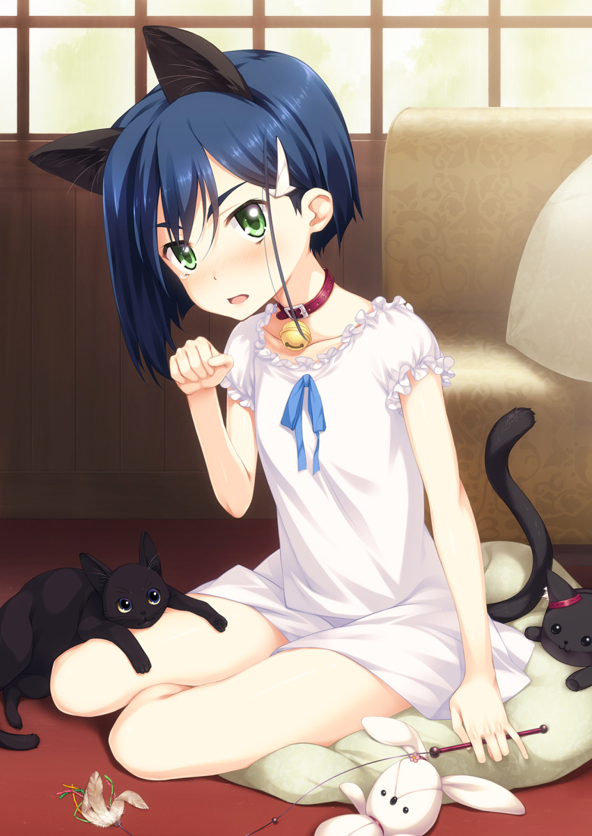 1girl animal animal_ears bell bell_collar blue_hair breasts cat cat_ears cat_tail cat_teaser collar collarbone commentary_request couch darling_in_the_franxx dress enoob40 green_eyes hair_ornament hairclip highres ichigo_(darling_in_the_franxx) indoors looking_at_viewer open_mouth paw_pose pillow short_hair sitting sitting_on_pillow sleeveless sleeveless_dress small_breasts solo stuffed_animal stuffed_cat stuffed_toy tail v-shaped_eyebrows window