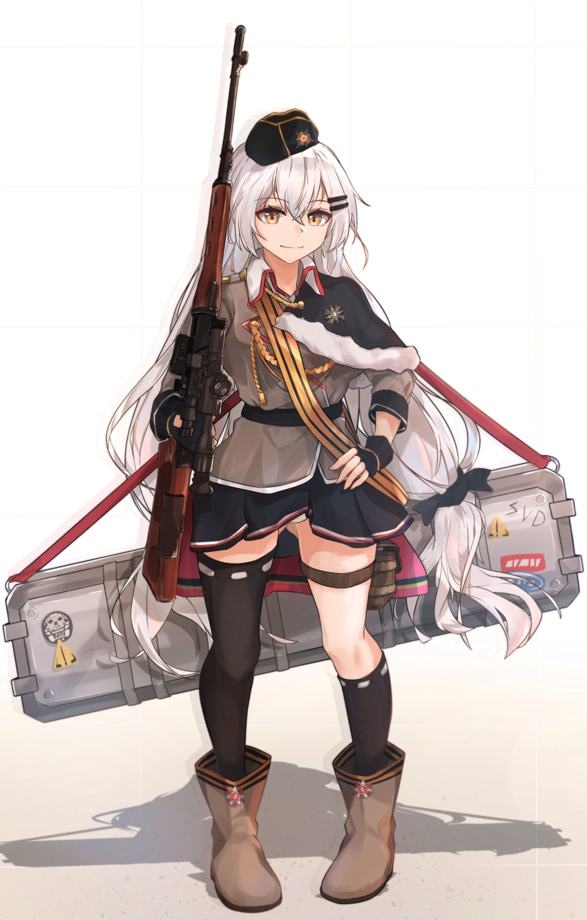 1girl absurdres asymmetrical_legwear beret black_gloves black_headwear black_legwear black_skirt brown_eyes brown_jacket dragunov_svd fingerless_gloves full_body girls_frontline gloves gun gun_case hair_ornament hairclip hat highres jacket long_hair miniskirt muteppona_hito pleated_skirt red_star rifle single_thighhigh skirt sniper_rifle solo standing svd_(girls_frontline) thigh-highs twintails very_long_hair weapon weapon_case white_hair