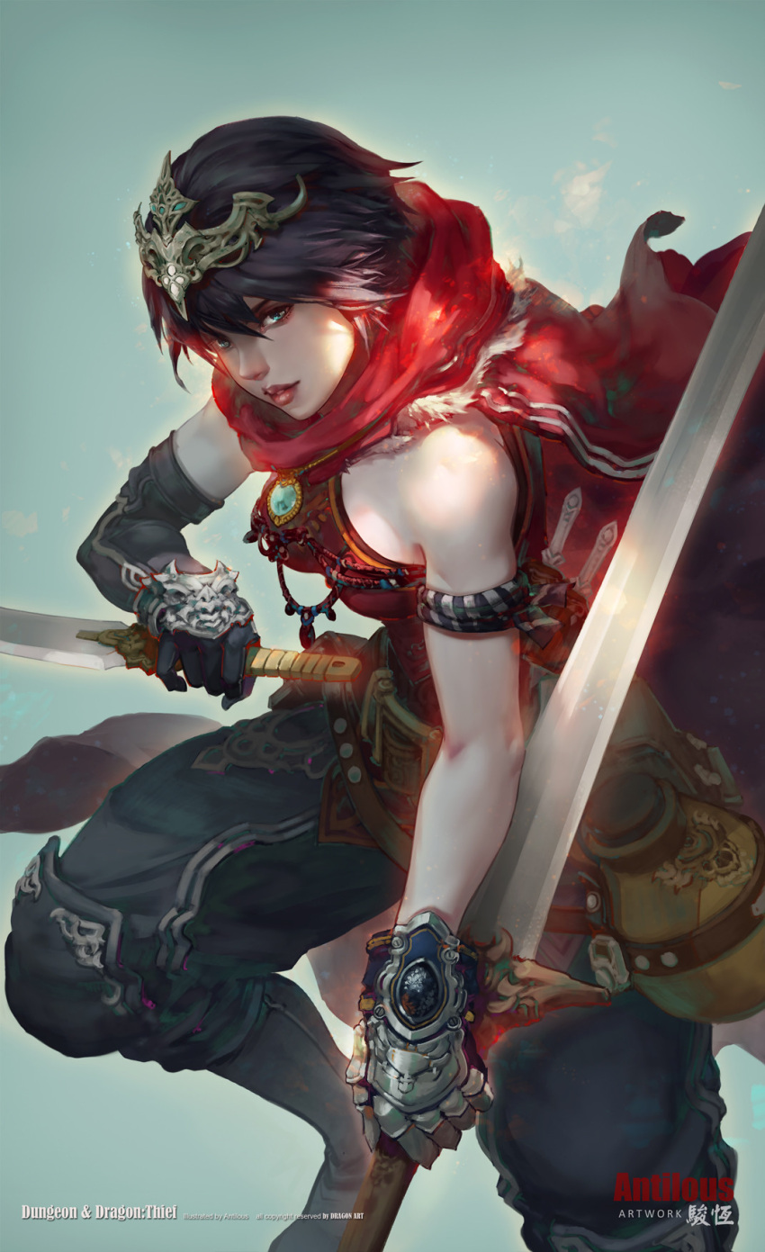 1girl antilous armband baggy_pants black_gloves black_hair blue_eyes breasts commentary dappled_sunlight detached_sleeves dual_wielding dungeons_and_dragons fighting_stance gloves headgear highres knee_pads lips looking_at_viewer nose pants reverse_grip scarf short_hair single_sleeve small_breasts solo sunlight sword thief weapon