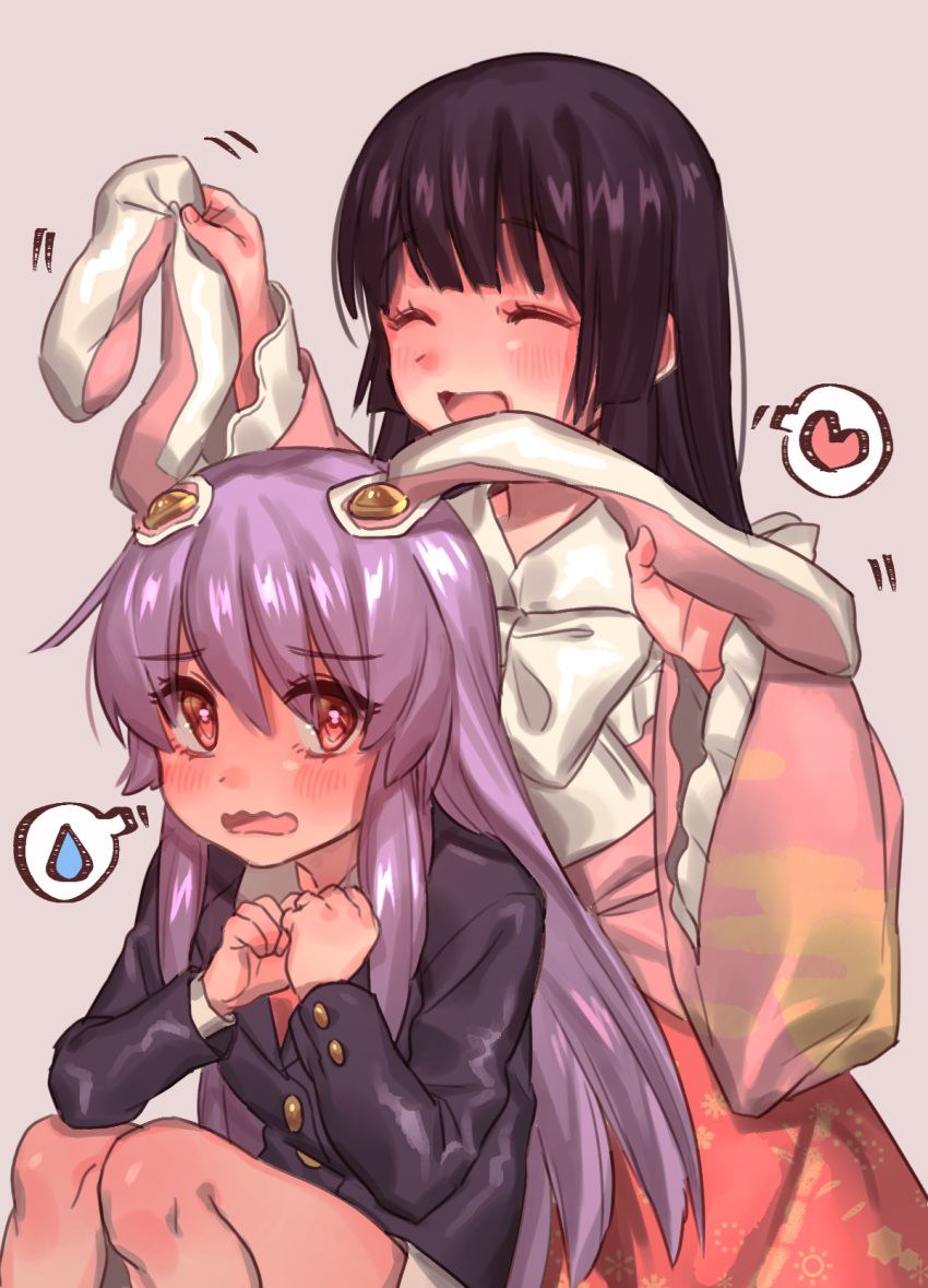 2girls animal_ears black_hair blush closed_eyes collared_shirt eyebrows_visible_through_hair floral_print frilled_sleeves frills hand_on_ear heart highres houraisan_kaguya huge_bowtie long_hair long_sleeves masanaga_(tsukasa) multiple_girls necktie purple_hair rabbit_ears red_eyes red_neckwear red_skirt reisen_udongein_inaba shirt skirt smile spoken_heart spoken_sweatdrop suit_jacket sweatdrop touhou