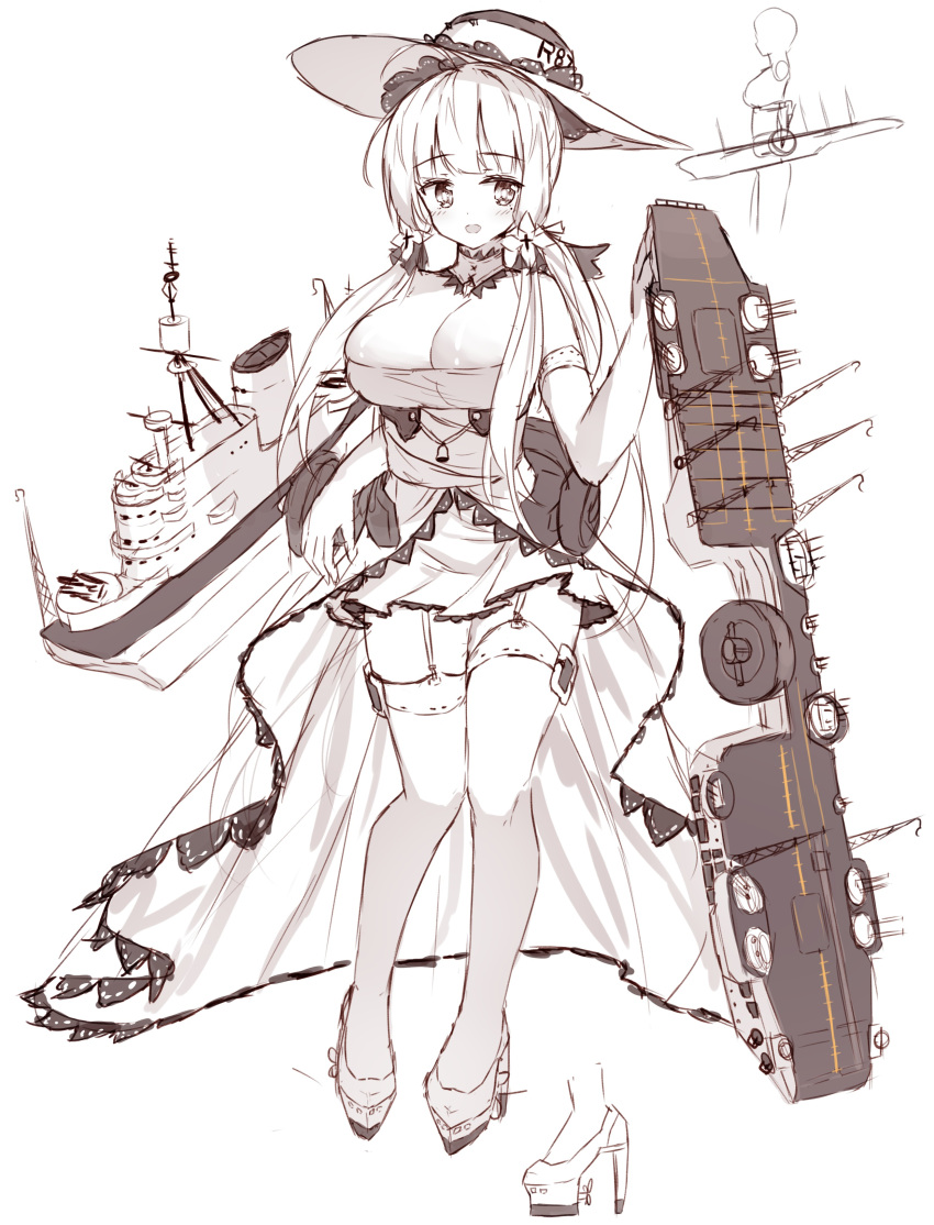 1girl :d absurdres azur_lane bangs bare_shoulders blush breasts cleavage dress elbow_gloves eyebrows_visible_through_hair flight_deck garter_straps gloves greyscale hat high_heels highres illustrious_(azur_lane) large_breasts long_hair monochrome open_mouth shoes sketch smile solo standing strapless strapless_dress tandohark thigh-highs very_long_hair white_background