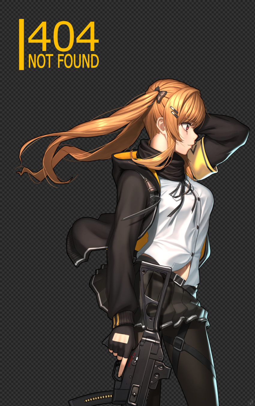 1girl ahd armband bangs black_gloves black_jacket black_scarf blush breasts brown_eyes brown_hair checkered checkered_background closed_mouth eyebrows_visible_through_hair fingerless_gloves floating_hair from_side girls_frontline gloves gun h&amp;k_ump h&amp;k_ump9 hair_ornament hairclip hand_in_hair heckler_&amp;_koch highres holding holding_gun holding_weapon hood hood_down hooded_jacket jacket long_hair looking_afar medium_breasts neck_ribbon pantyhose pleated_skirt revision ribbon scarf shirt signature skirt solo submachine_gun text_focus thigh_strap trigger_discipline twintails ump9_(girls_frontline) weapon white_shirt wind wind_lift