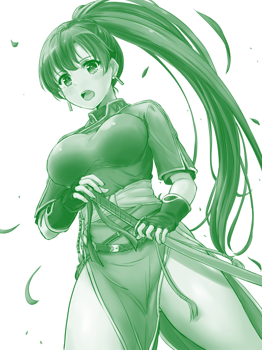 1girl ass_visible_through_thighs bangs belt blush breasts cowboy_shot dress earrings fingerless_gloves fire_emblem fire_emblem:_rekka_no_ken fire_emblem_heroes gloves green highres holding holding_sword holding_weapon inanaki_shiki jewelry large_breasts long_hair long_ponytail looking_at_viewer lyndis_(fire_emblem) monochrome open_mouth pelvic_curtain ponytail sash short_sleeves side_slit simple_background solo sword thighs very_long_hair weapon white_background
