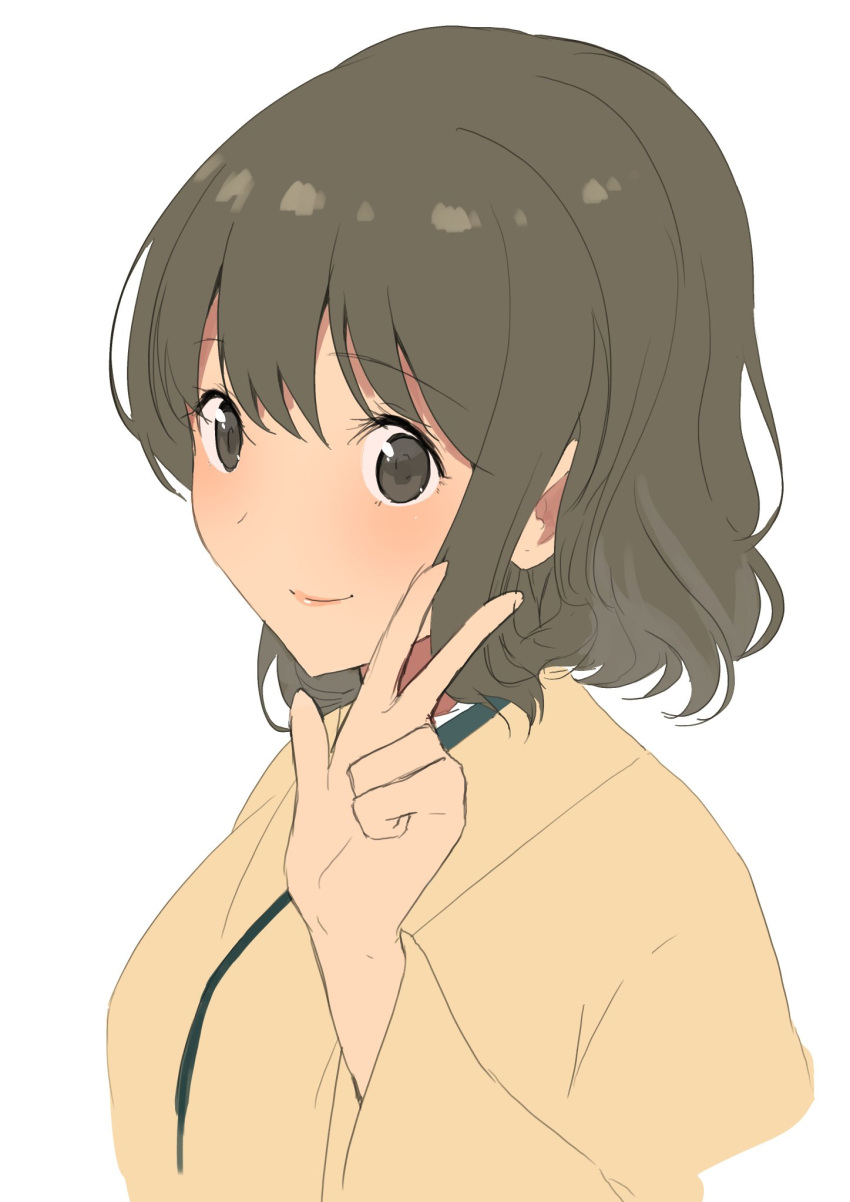 1girl brown_eyes brown_hair closed_mouth commentary_request copyright_request hand_up highres japanese_clothes long_sleeves looking_at_viewer masukuza_j short_hair simple_background smile solo upper_body w white_background wide_sleeves