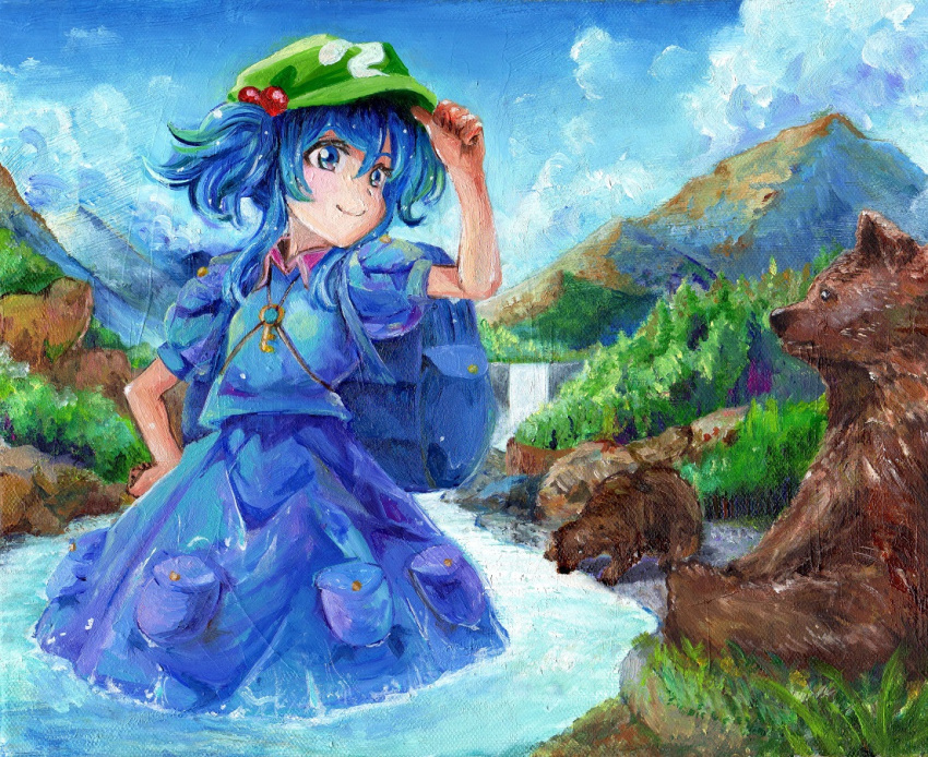 1girl backpack bag bear blue_backpack blue_eyes blue_hair blue_shirt blue_skirt blue_sky clouds cowboy_shot cub day flat_cap forest hair_between_eyes hair_bobbles hair_ornament hand_on_headwear hand_on_hip harikona hat kawashiro_nitori key looking_at_viewer mountain nature oil_painting_(medium) outdoors pocket puffy_short_sleeves puffy_sleeves river shirt short_hair short_sleeves skirt skirt_set sky smile solo standing touhou traditional_media two_side_up wading water waterfall