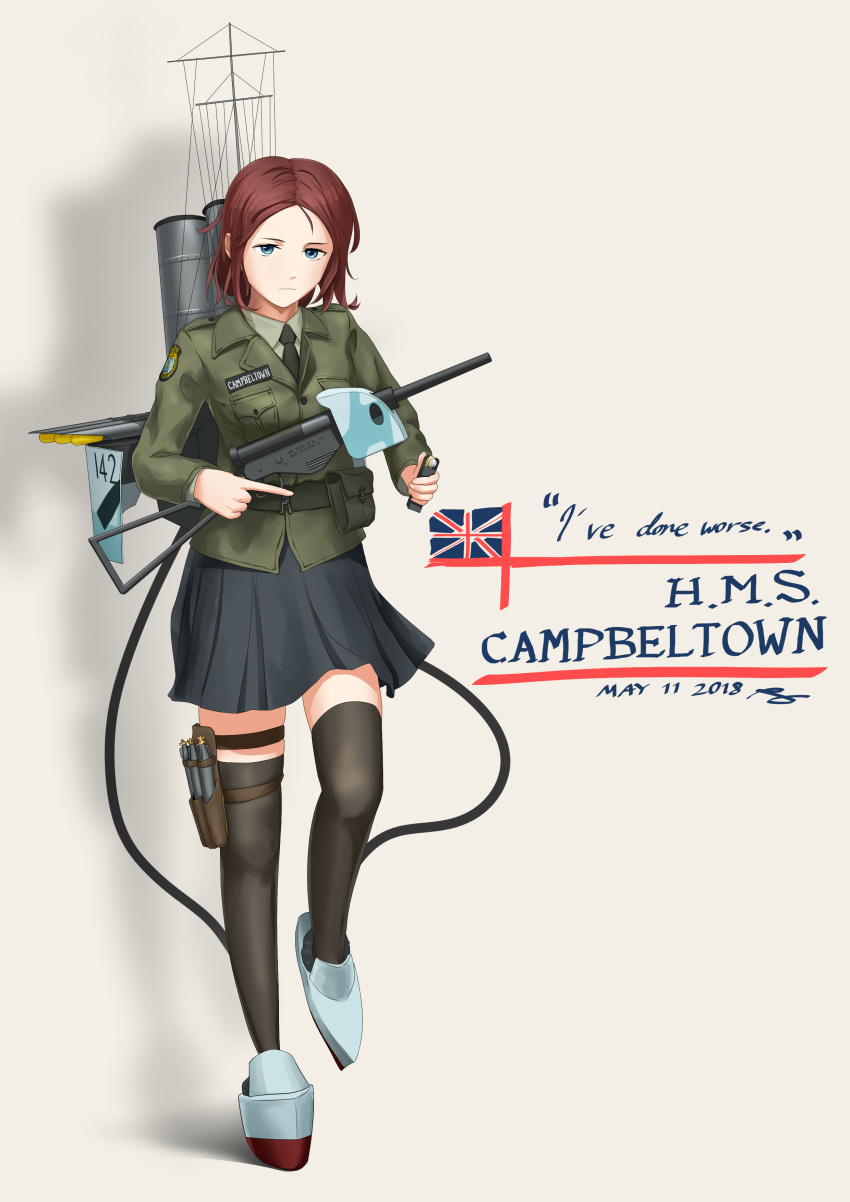 1girl absurdres black_legwear blue_eyes character_name commentary dated english english_commentary english_flag greythorn032 gun highres looking_at_viewer magazine_(weapon) military military_uniform name_tag necktie original redhead rigging serious short_hair skinned solo standing standing_on_one_leg thigh-highs thigh_strap torpedo torpedo_tubes trigger_discipline uniform weapon world_of_warships zettai_ryouiki