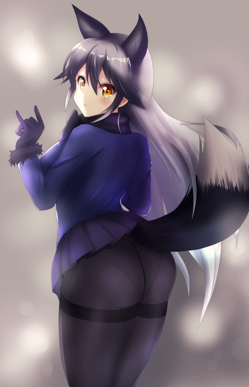 1girl \n/ absurdres animal_ears ass bangs black_gloves black_legwear blue_jacket blue_skirt brown_eyes closed_mouth cowboy_shot fox_ears fox_tail from_behind fur-trimmed_sleeves fur_trim gloves gradient_hair grey_background highres jacket kemono_friends kirikan long_hair long_sleeves looking_at_viewer looking_back multicolored_hair panties panties_under_pantyhose pantyhose pleated_skirt silver_fox_(kemono_friends) silver_hair skirt skirt_lift solo standing tail thighband_pantyhose underwear