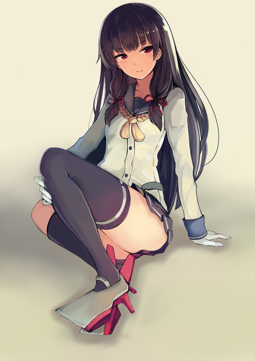 1girl absurdres artist_request asymmetrical_legwear black_hair breasts commentary_request derivative_work gloves hair_ribbon highres isokaze_(kantai_collection) kantai_collection kneehighs long_hair long_sleeves looking_at_viewer medium_breasts pleated_skirt red_eyes ribbon school_uniform serafuku single_kneehigh single_thighhigh sketch skirt smile solo thigh-highs tress_ribbon white_gloves