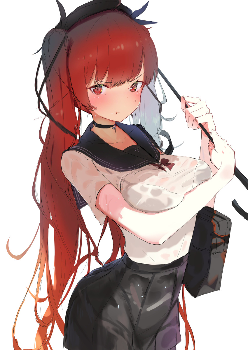 1girl :t absurdres alternate_costume azur_lane bag bangs black_legwear black_ribbon black_skirt bludh blush breasts choker collarbone eyebrows_visible_through_hair hair_ribbon hat high-waist_skirt highres holding_bag honolulu_(azur_lane) isaka_wasabi large_breasts long_hair looking_at_viewer pantyhose peaked_cap pout red_eyes redhead ribbon sailor_collar school_bag school_uniform serafuku shirt shoes short_sleeves sidelocks simple_background skirt solo twintails wet wet_clothes white_background white_shirt