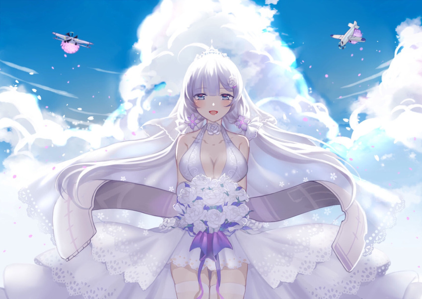 1girl :d aircraft airplane azur_lane blue_eyes blush bouquet breasts cherry_blossoms cleavage clouds commentary_request dress flight_deck flower highres illustrious_(azur_lane) ji_yue large_breasts low_twintails medium_hair mole mole_under_eye open_mouth petals short_dress smile solo tiara twintails wedding_dress white_dress white_hair