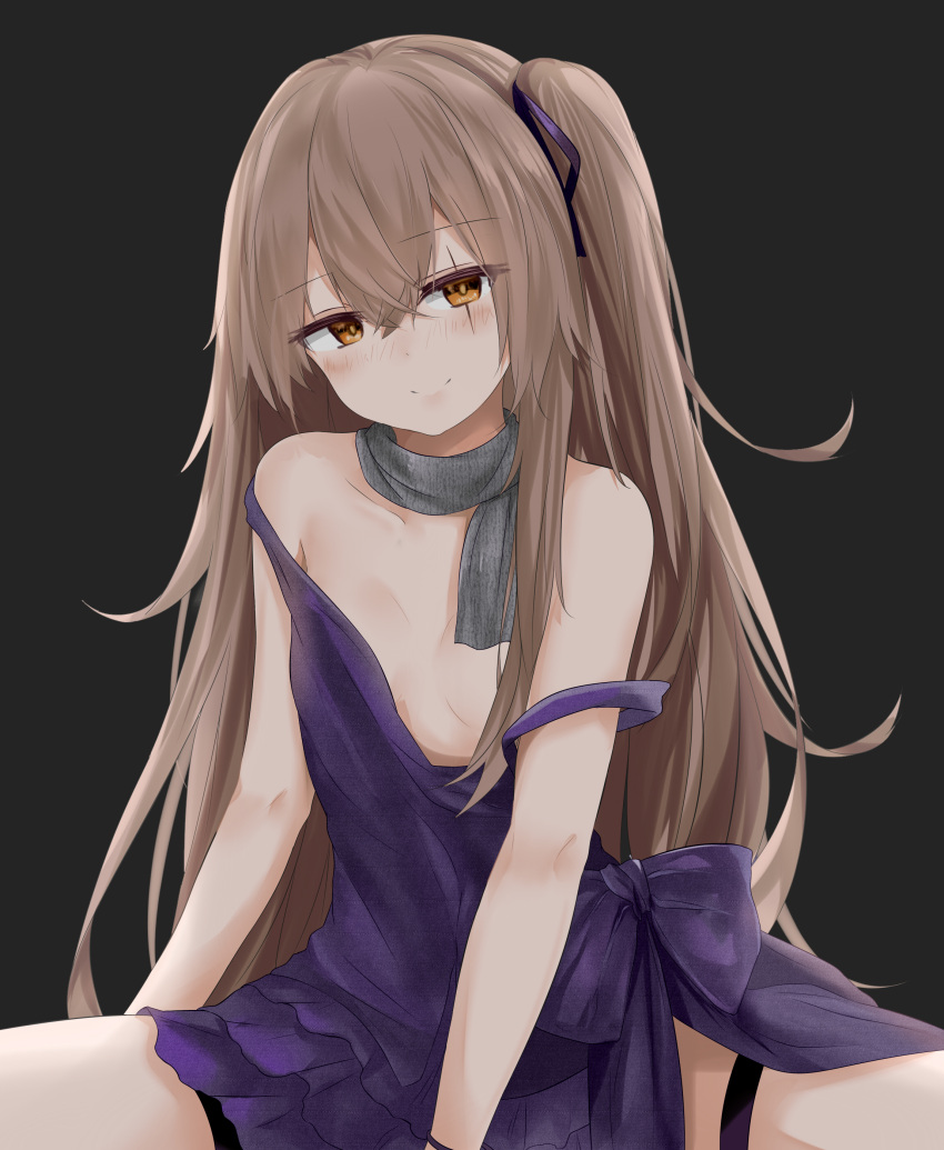 1girl absurdres alternate_costume arm_support bangle bangs bare_shoulders black_background blush bracelet breasts brown_eyes brown_hair casual closed_mouth collarbone crossed_bangs dress dress_slip eyebrows_visible_through_hair fingers_together girls_frontline hair_between_eyes head_tilt highres jewelry long_hair looking_at_viewer mounting no_bra one_side_up purple_dress purple_ribbon ribbon ru_zhai scar scar_across_eye scarf sidelocks simple_background small_breasts smile spread_legs thighs ump45_(girls_frontline)