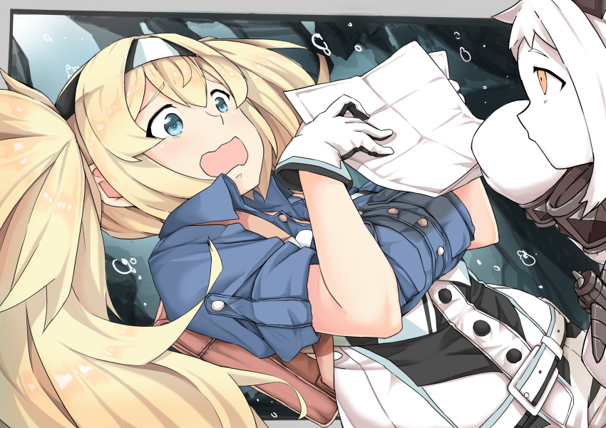 2girls a6m_zero aircraft backpack bag belt blonde_hair blue_eyes blue_shirt bracelet breast_pocket breasts buttons collared_shirt commentary crying dress gambier_bay_(kantai_collection) gloves hair_between_eyes hairband highres jewelry kantai_collection large_breasts long_hair mittens multicolored multicolored_clothes multicolored_gloves multiple_girls northern_ocean_hime orange_eyes pocket shirt short_sleeves shorts twintails white_dress white_hair white_skin zuoteng_lucha