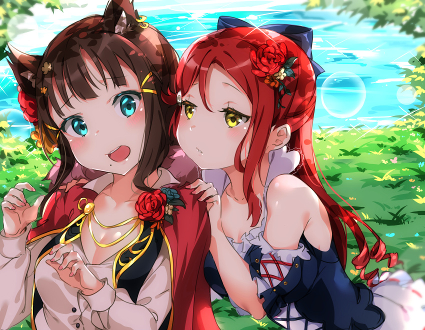 2girls :d animal_ears aqua_eyes bangs black_hair blush bow breasts bubble cape cleavage collarbone corsage cross-laced_clothes detached_sleeves earrings flower fur-trimmed_cape fur_trim grass hair_bow hair_flower hair_ornament hairclip half-closed_eyes half_updo hands_on_another's_shoulders hands_up highres jewelry kemonomimi_mode kurosawa_dia lake long_hair long_sleeves looking_at_viewer love_live! love_live!_school_idol_festival love_live!_sunshine!! mole mole_under_mouth multiple_girls open_mouth outdoors parted_lips red_cape red_flower red_rose redhead rose sakurauchi_riko smile sparkle tem10 water wolf_ears yellow_eyes yellow_flower