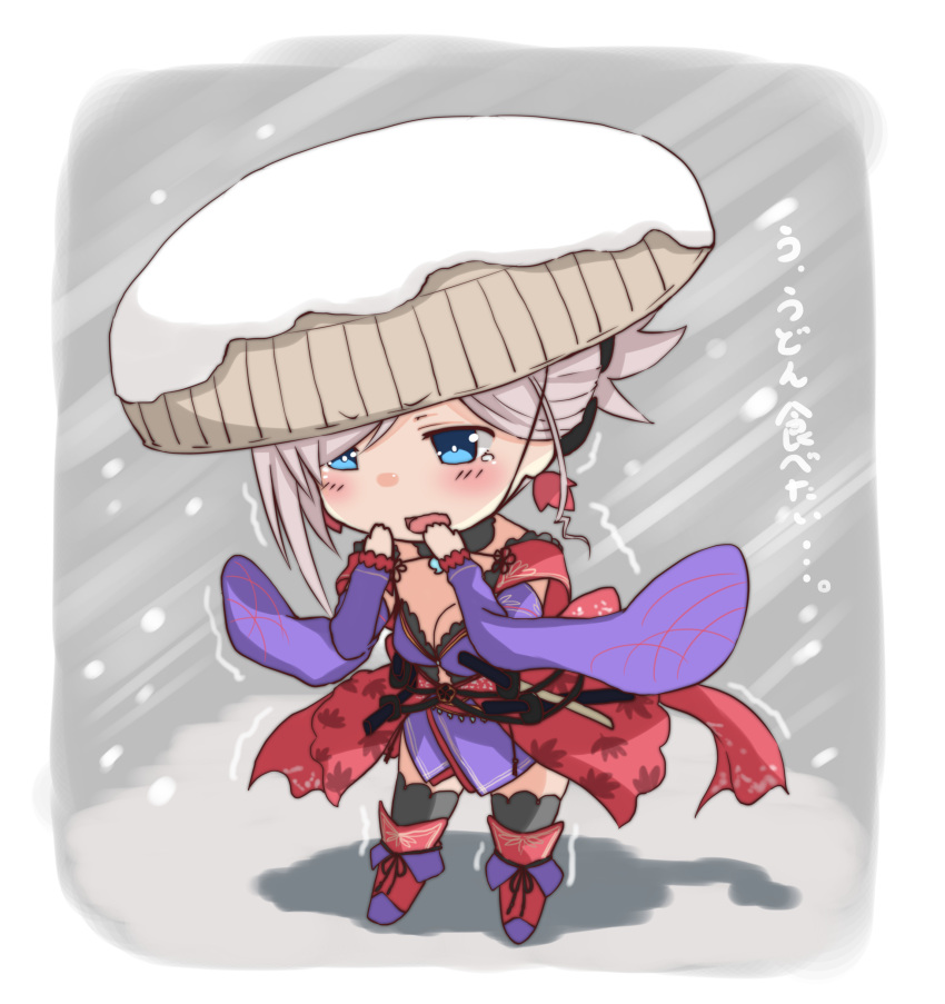 1girl absurdres black_legwear blue_eyes boots chibi fate/grand_order fate_(series) fuu_(fuore) hands_up hat highres japanese_clothes katana kimono long_sleeves miyamoto_musashi_(fate/grand_order) obi open_mouth outdoors pink_hair sash scabbard sheath short_hair snow snowing solo standing sword tears thigh-highs trembling weapon wide_sleeves